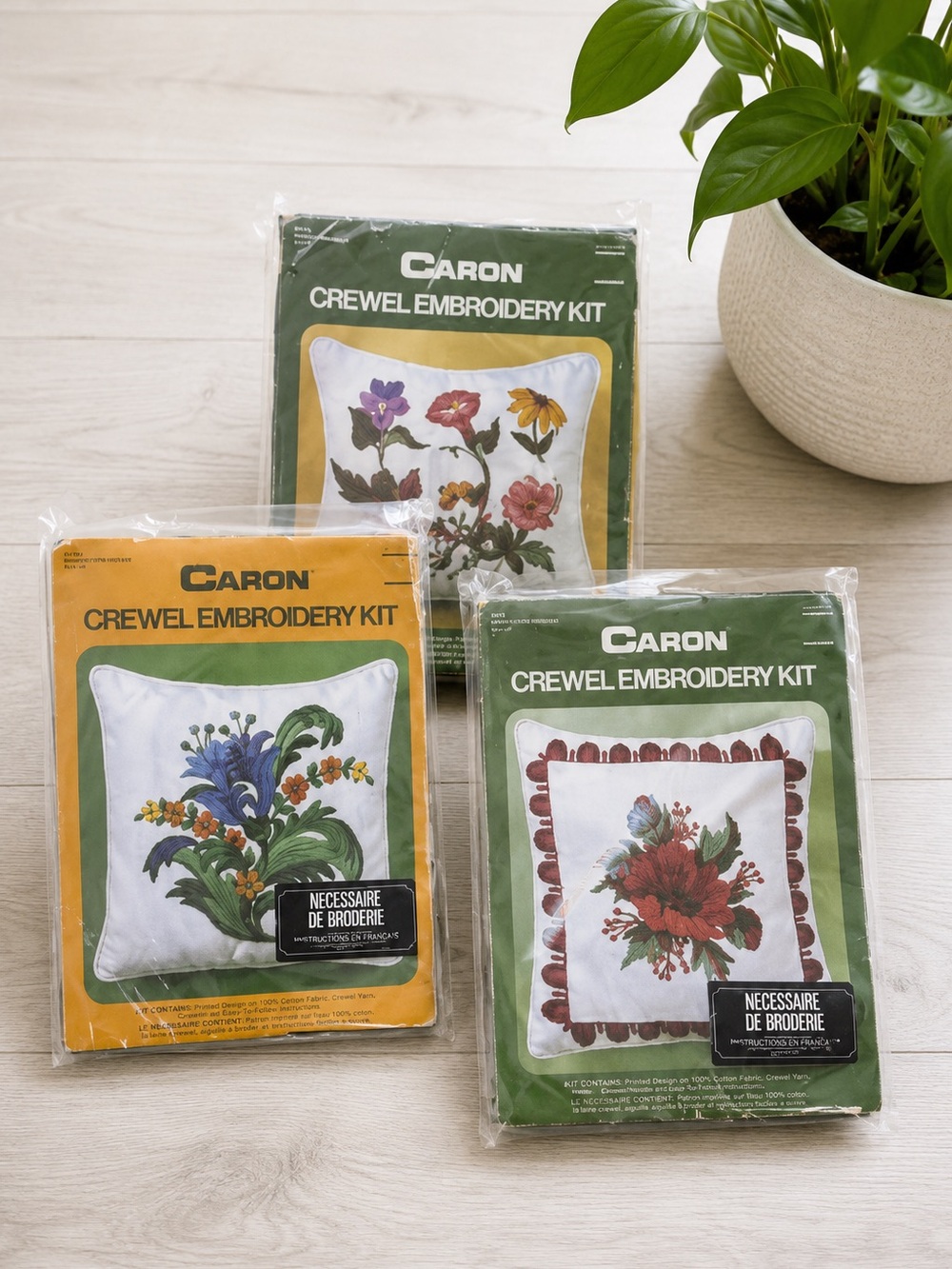 Vintage Caron Crewel Embroidery Kit Lot of 3 Floral Pillow Kits New in Package